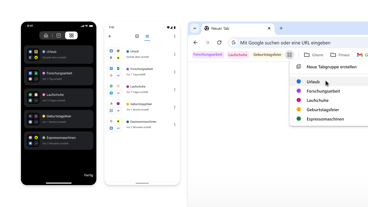 Tabgruppen auf iOS-, Android- und Desktop-Geräten